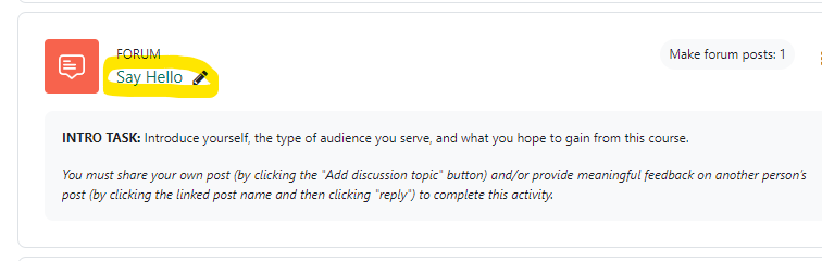 a screenshot of a forum entitled "Say Hello".  The title is circled in yellow to show you where to click to open the forum.
